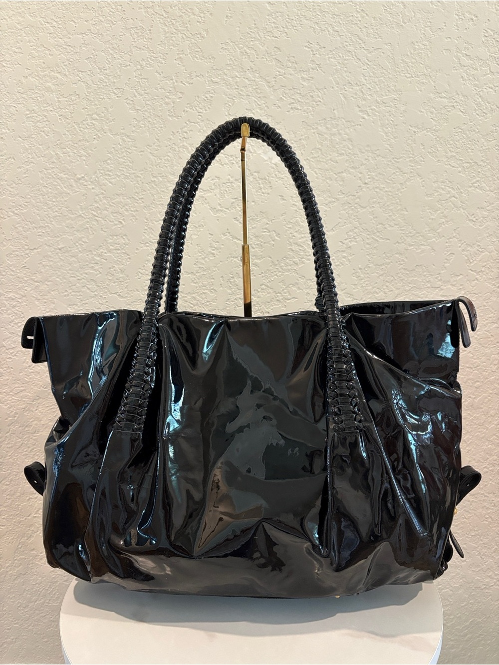 Salvatore Ferragamo Black Patent Tote Bag with Braided Handles - Picture 2 of 14